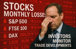 Stocks post monthly losses as investors monitor trade developments.