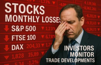 Stocks post monthly losses as investors monitor trade developments.