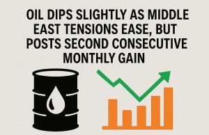 Oil dips slightly as Middle East tensions ease, but posts second consecutive monthly gain.