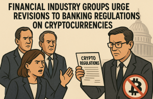 Financial industry groups urge revisions to banking regulations on cryptocurrencies.