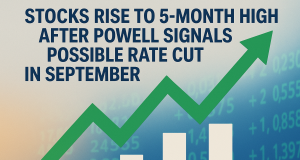 Stocks ended the day at their highest levels in five months after Powell signaled a possible interest rate cut in September.