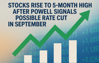 Stocks ended the day at their highest levels in five months after Powell signaled a possible interest rate cut in September.